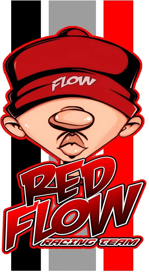 Escudo de RedFlow Racing Team: una mascota con gorra roja sobre franjas negras, grises y rojas.